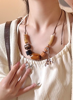 新中式树脂木质几何串珠项链女