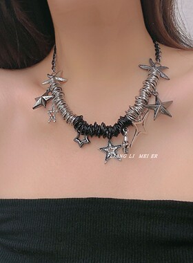金属拼接流苏女镶钻星星锁骨链