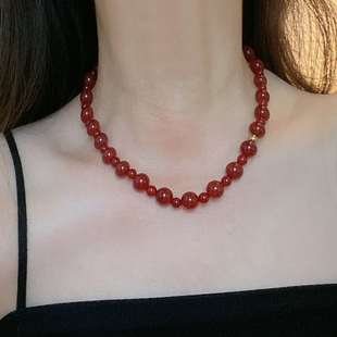 复古红色大小不规则石头圆珠项链女颈链时髦玛瑙石混搭叠戴锁骨链