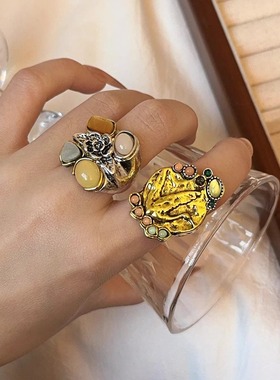 复古开口小众彩宝石花朵戒指指环