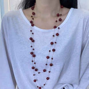 红色珍珠装饰项链女毛衣链2025新款爆款网红秋冬长款轻奢小众高档