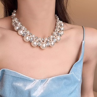 法式氛围感夸张镶钻珍珠项链女ins多层设计新娘礼服choker锁骨链