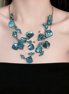 异形不规则粉蓝色贝壳多层项链女