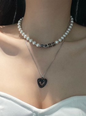 滴油黑爱心多巴胺串珠叠戴项链