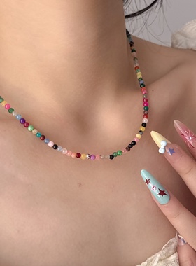 彩色多巴胺天然水晶细款串珠项链