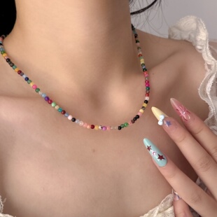 极简彩色多巴胺天然水晶串珠项链小众细款碧玺石锁骨链高级感颈链