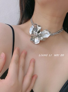 欧美复古闪钻双层大花瓣项链