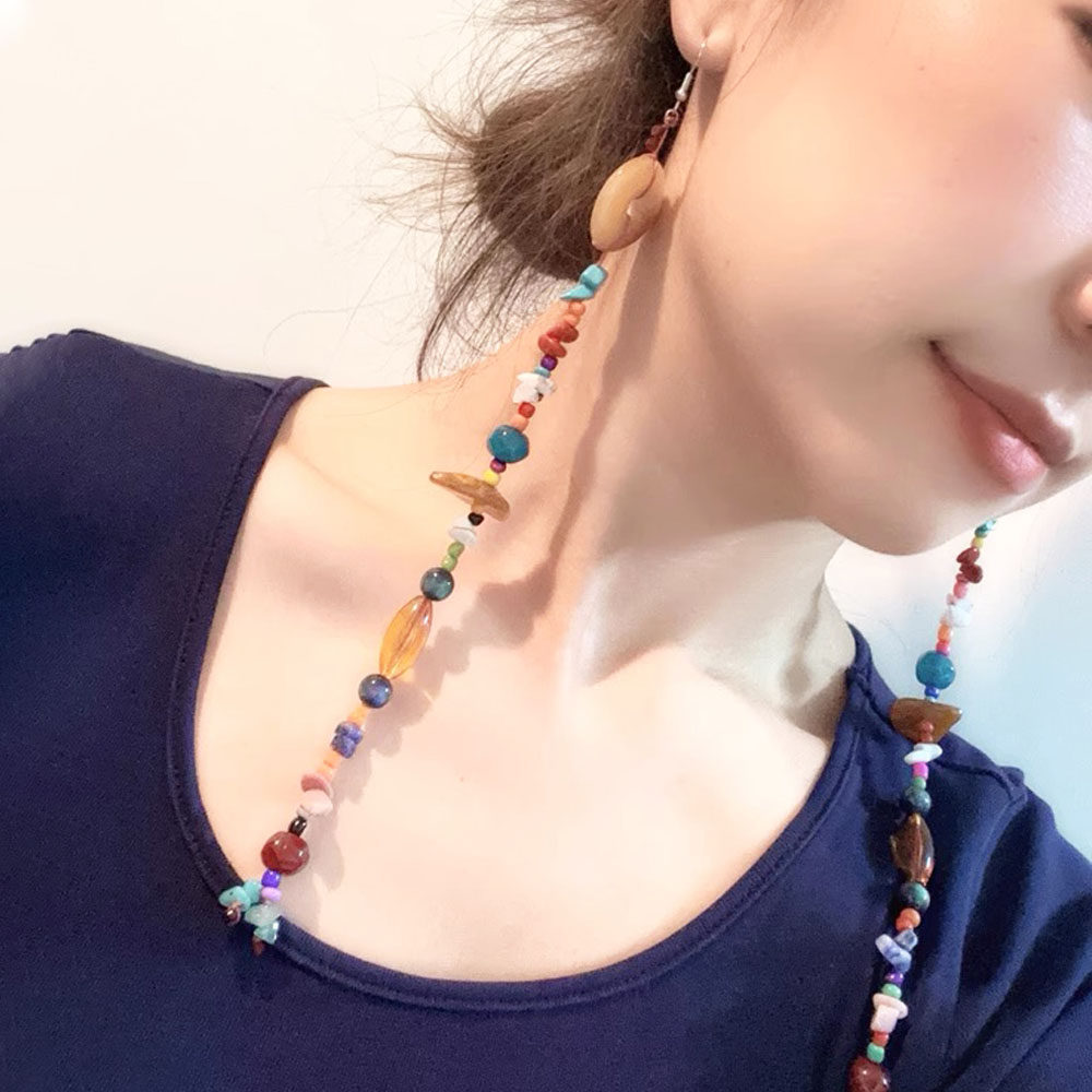 复古民族风多巴胺混色串珠耳环女长流苏天然石藏族无耳洞耳夹耳饰