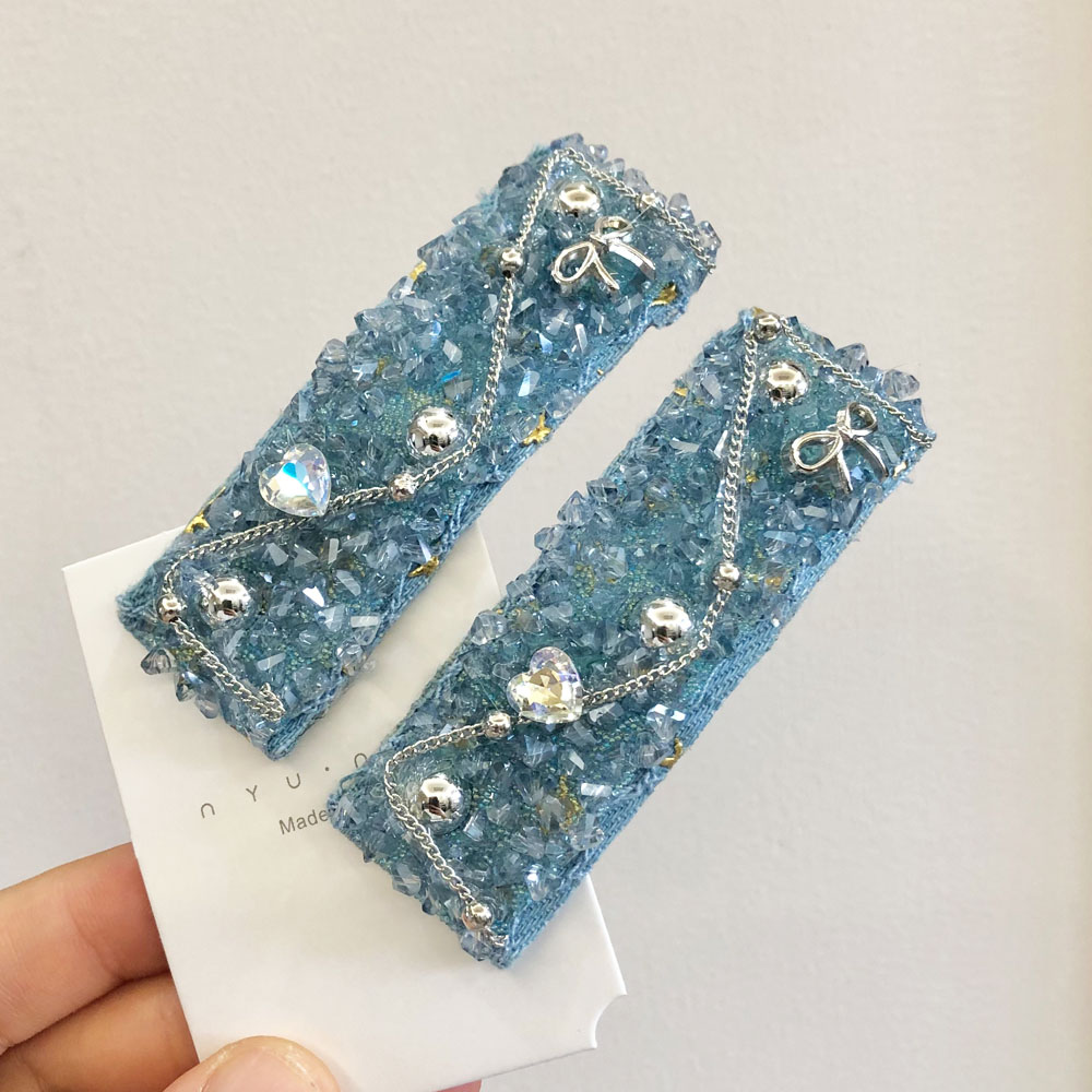 复古蓝色水晶闪钻链条发夹边夹轻奢高级感bb夹气质刘海掰掰夹发卡