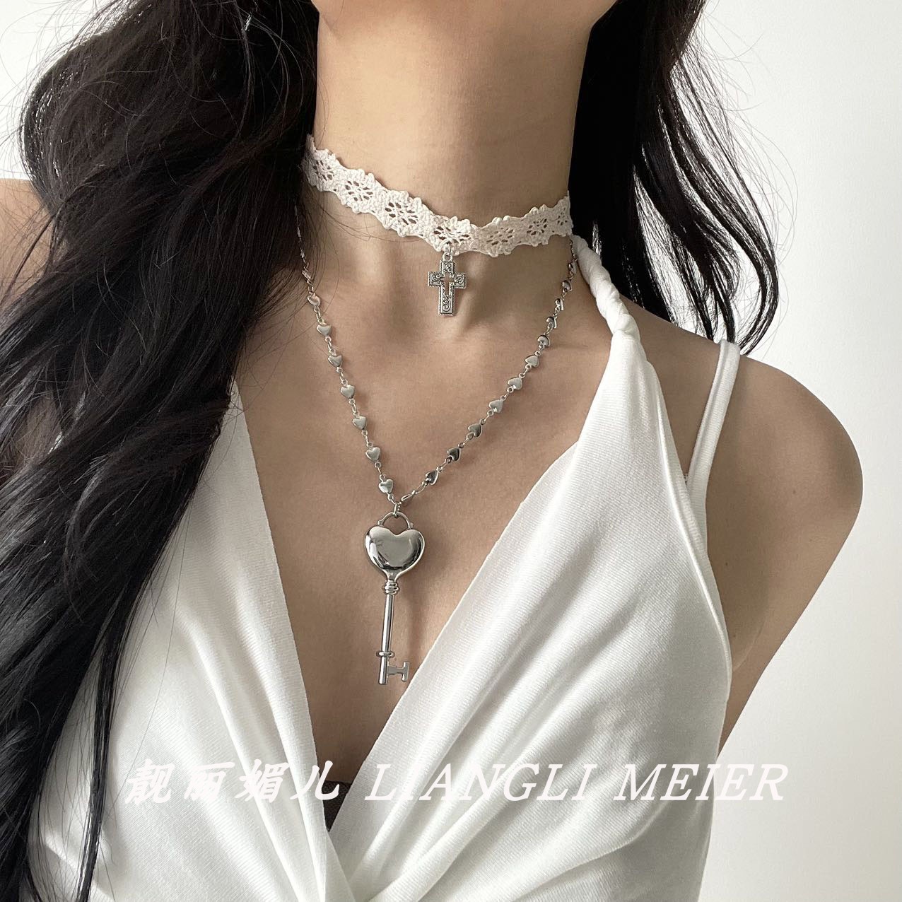 纯欲白蕾丝金属十字架绑带项链女