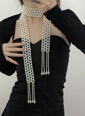 时尚珍珠长流苏编织围巾式项链女