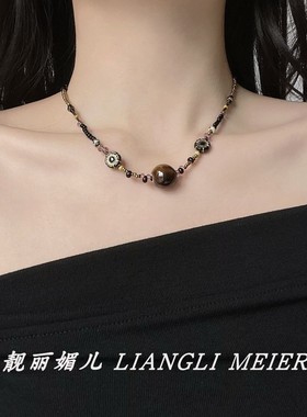 新中式民族风棕色圆珠锁骨颈链