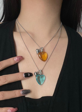 彩色水晶爱心项链抽拉可调节颈链