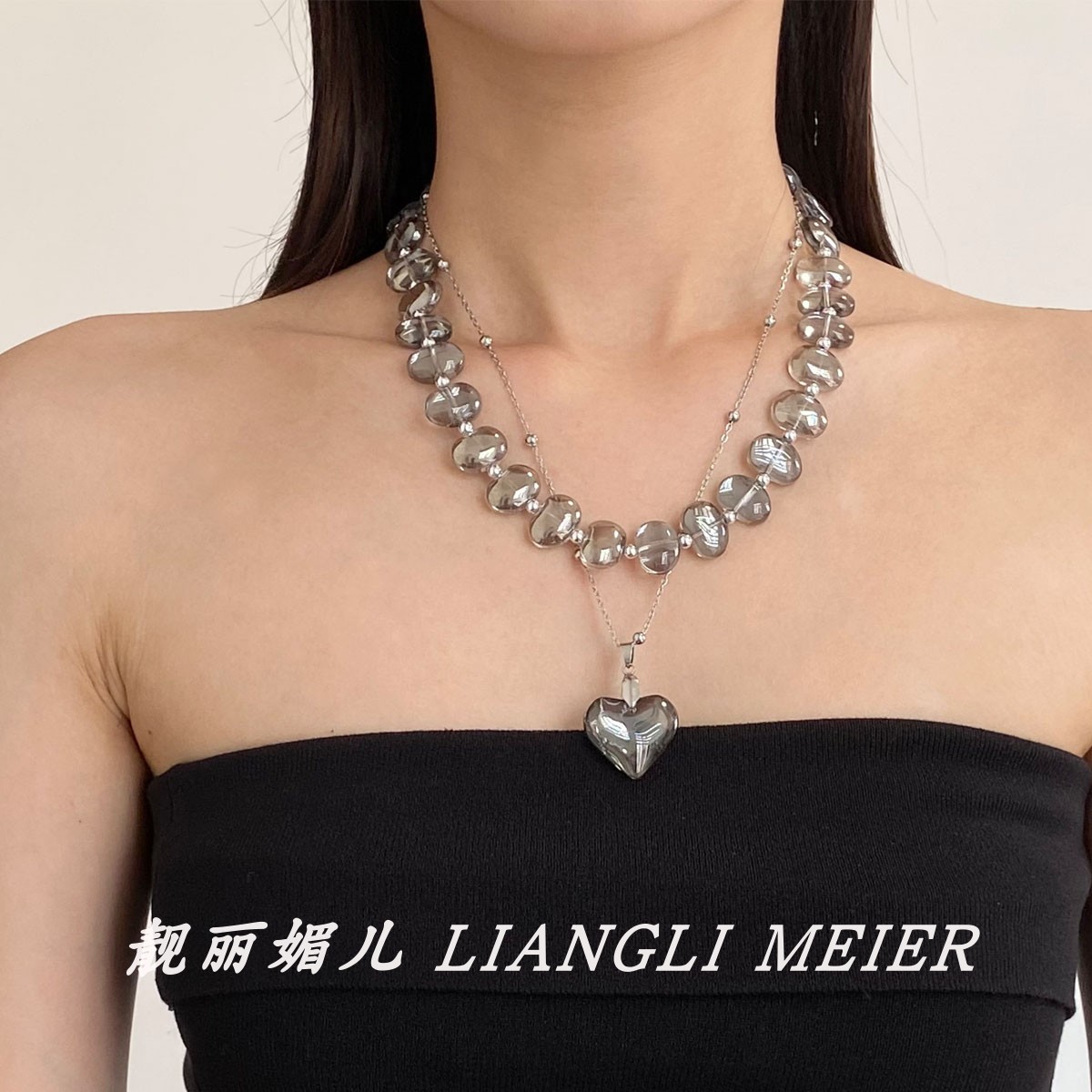 灰色水晶串珠爱心项链女配饰