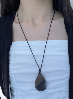 木制皮绳女水滴几何项链毛衣链