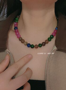 天然石串珠女彩色琉璃锁骨毛衣链