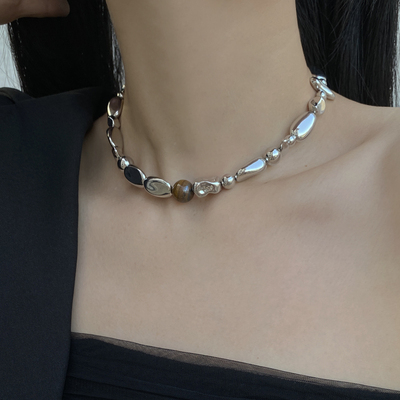 金属异型不规则女棕色虎石项链