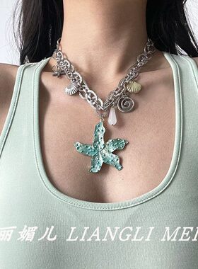 度假风蓝色海星金属吊坠项链女