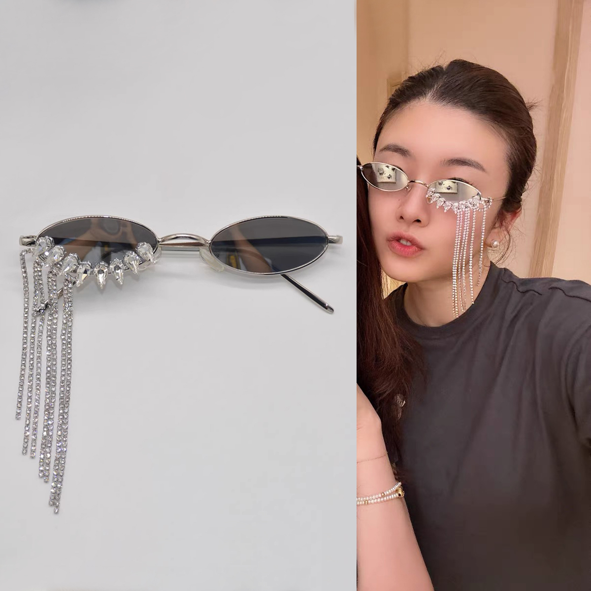 时尚椭圆复古镶钻流苏太阳镜墨镜