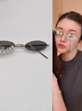时尚椭圆复古镶钻流苏太阳镜墨镜