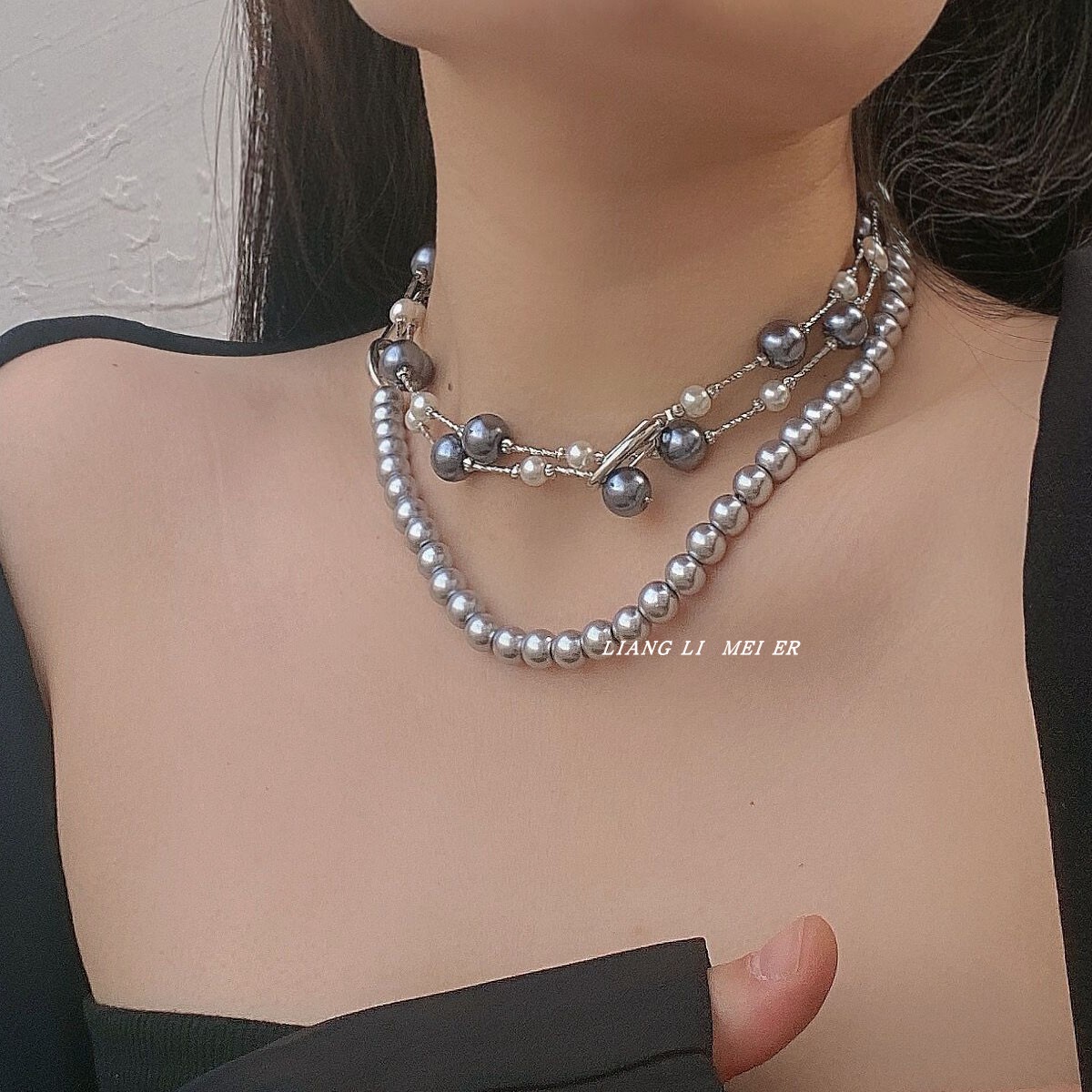 珍珠叠戴多层女灰色串珠毛衣项链