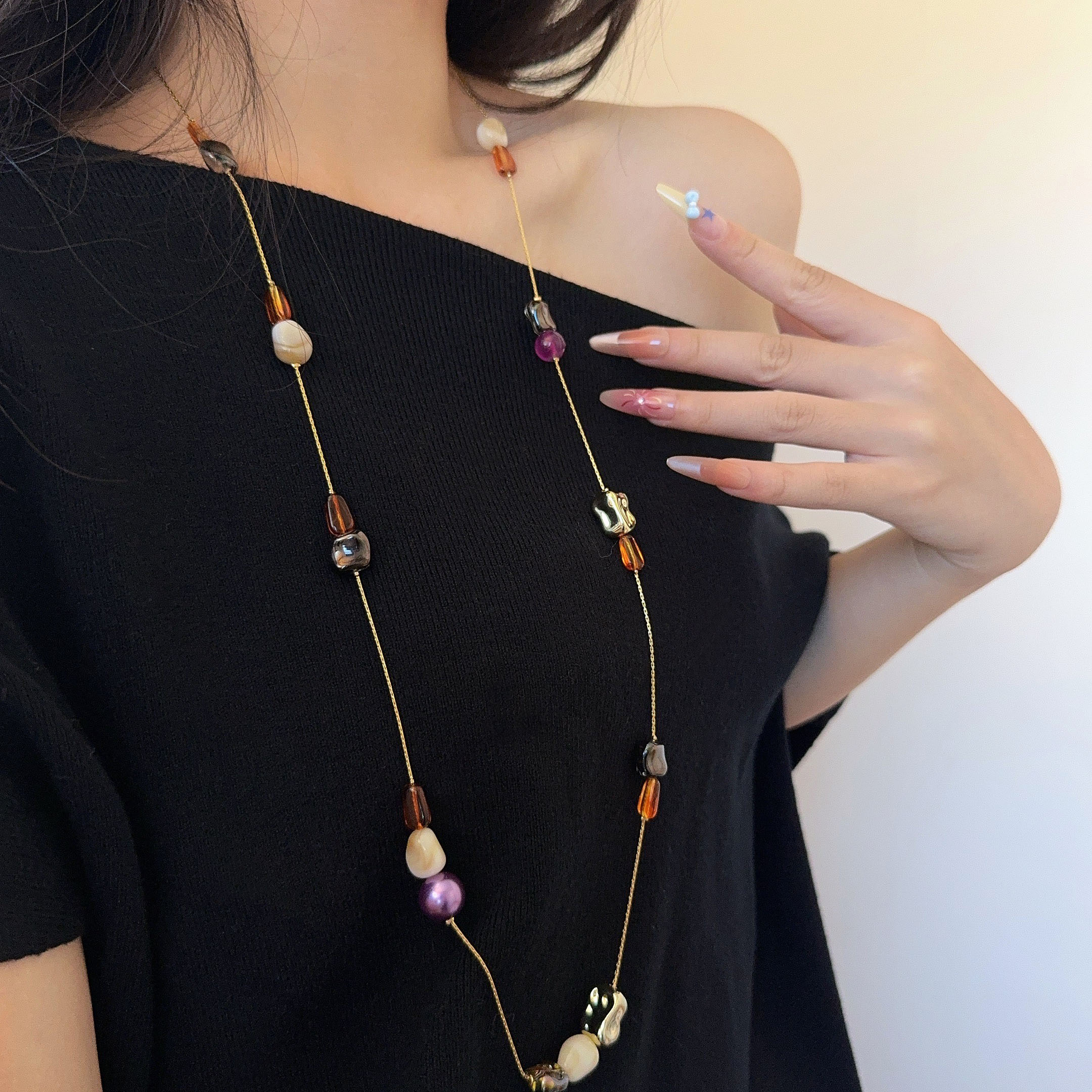 叠戴天然石串珠项链长款毛衣链