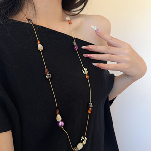 叠戴天然石串珠装饰项链长款高级感轻奢小众毛衣链复古美拉德配饰