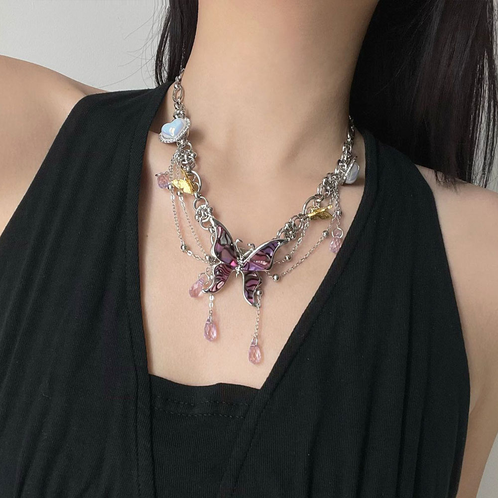 辣妹贝母紫色水晶蝴蝶流苏项链女