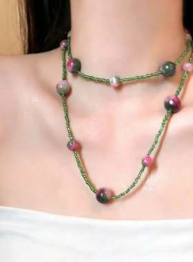 国风幻彩多巴胺撞色手工串珠项链
