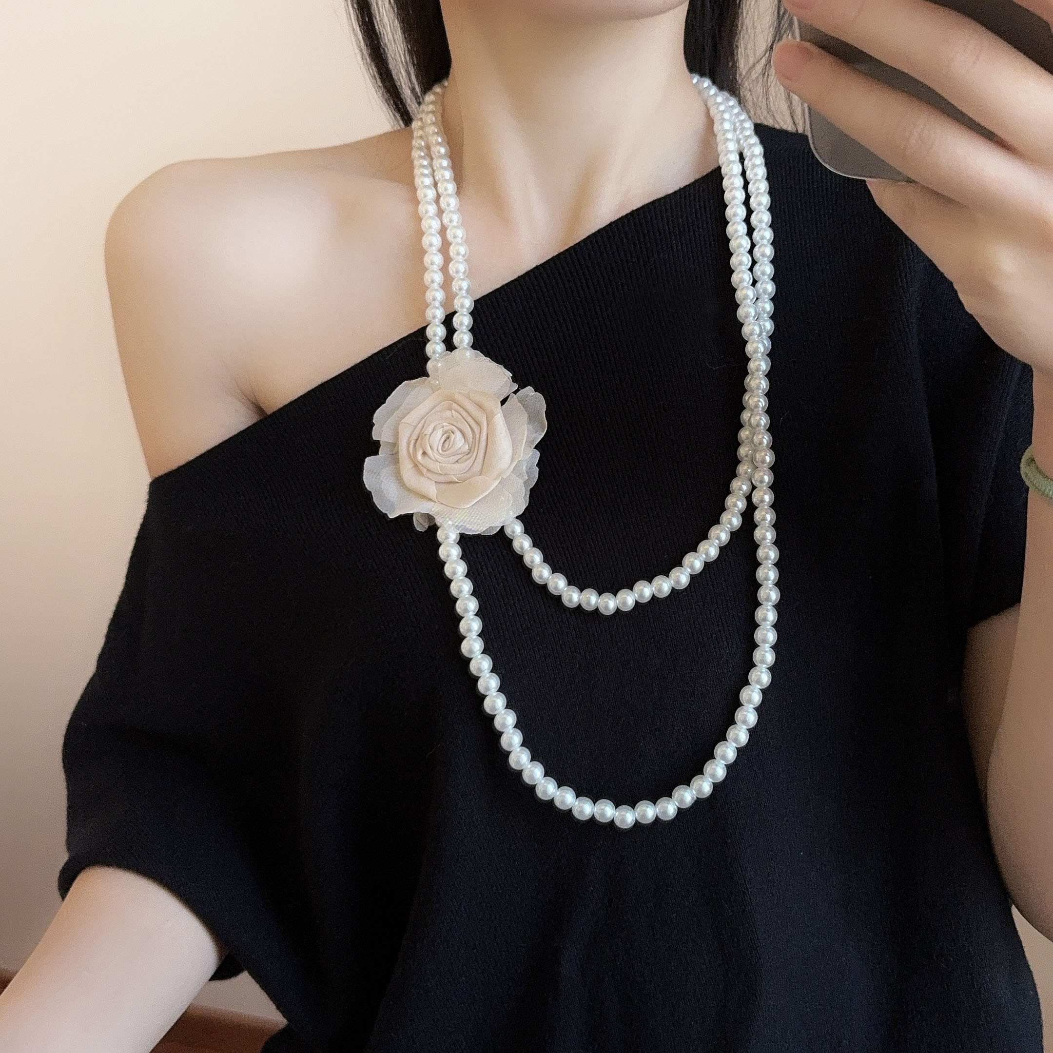 粉紫色玫瑰花朵多层珍珠项链女