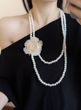 粉紫色玫瑰花朵多层珍珠项链女