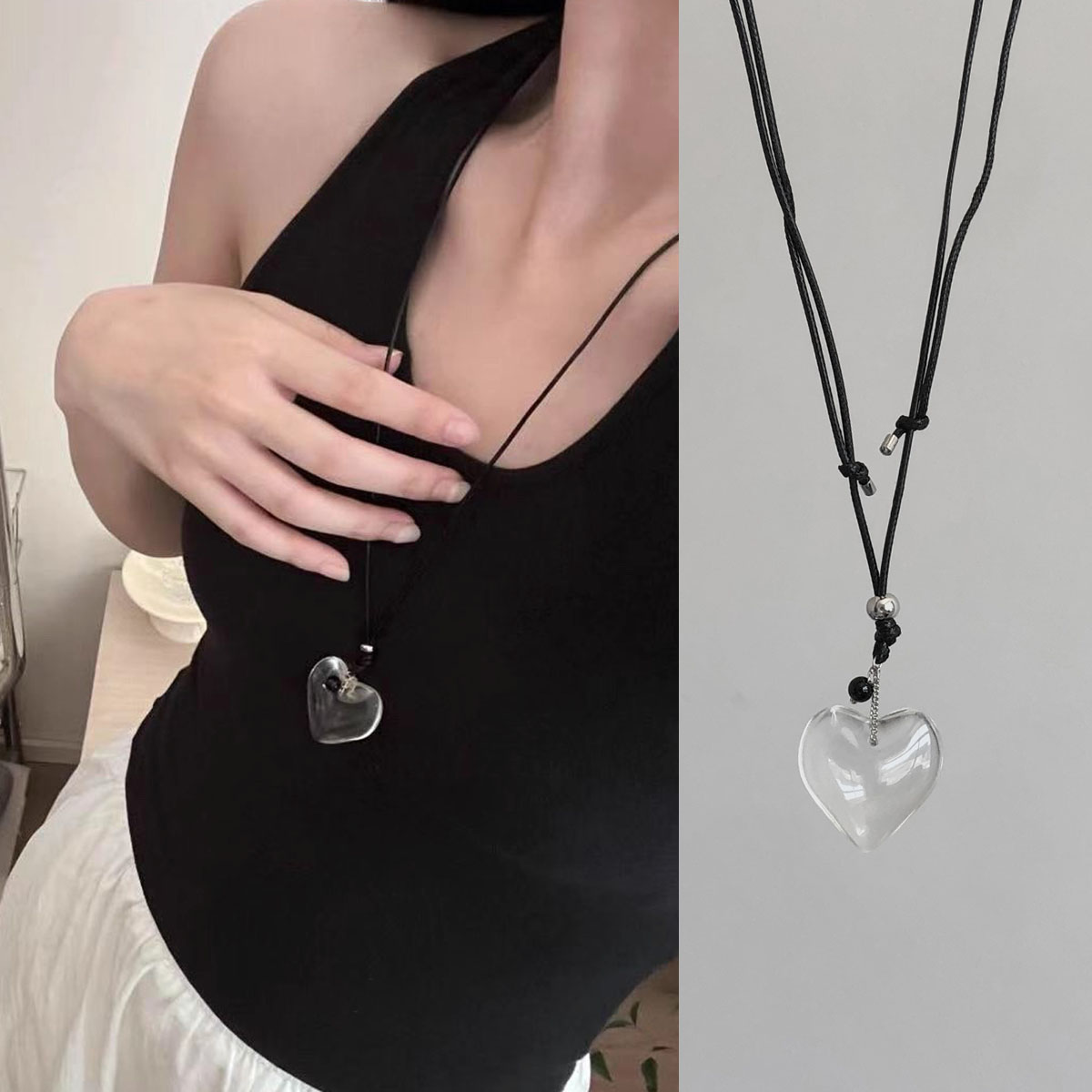 黑色皮绳抽拉式透明树脂爱心项链