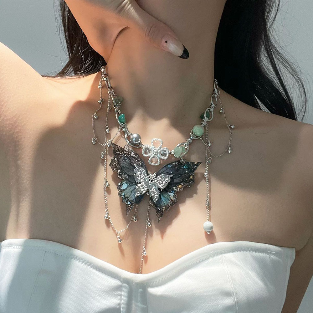 复古Y2K蓝色蝴蝶金属链流苏项链