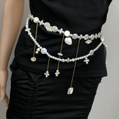 珍珠贝壳腰链女叠戴流苏多层连衣裙身体链腰带两用法式 小香风项链