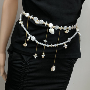 珍珠贝壳腰链女叠戴流苏多层连衣裙身体链腰带两用法式小香风项链