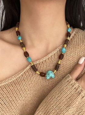 民族风咖色椰壳异形松石串珠项链