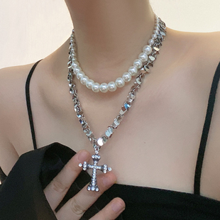 金属双层十字架大小珍珠项链女叠戴亮片爱心颈链choker高级锁骨链