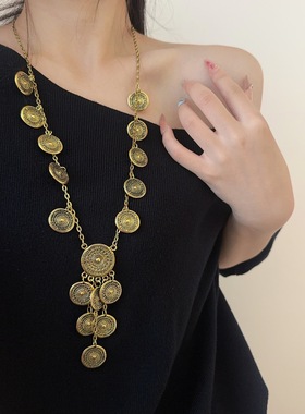 复古金属圆形金币流苏做旧项链