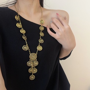 复古金属圆形金币流苏做旧项链中古vintage法式高级感长款毛衣链