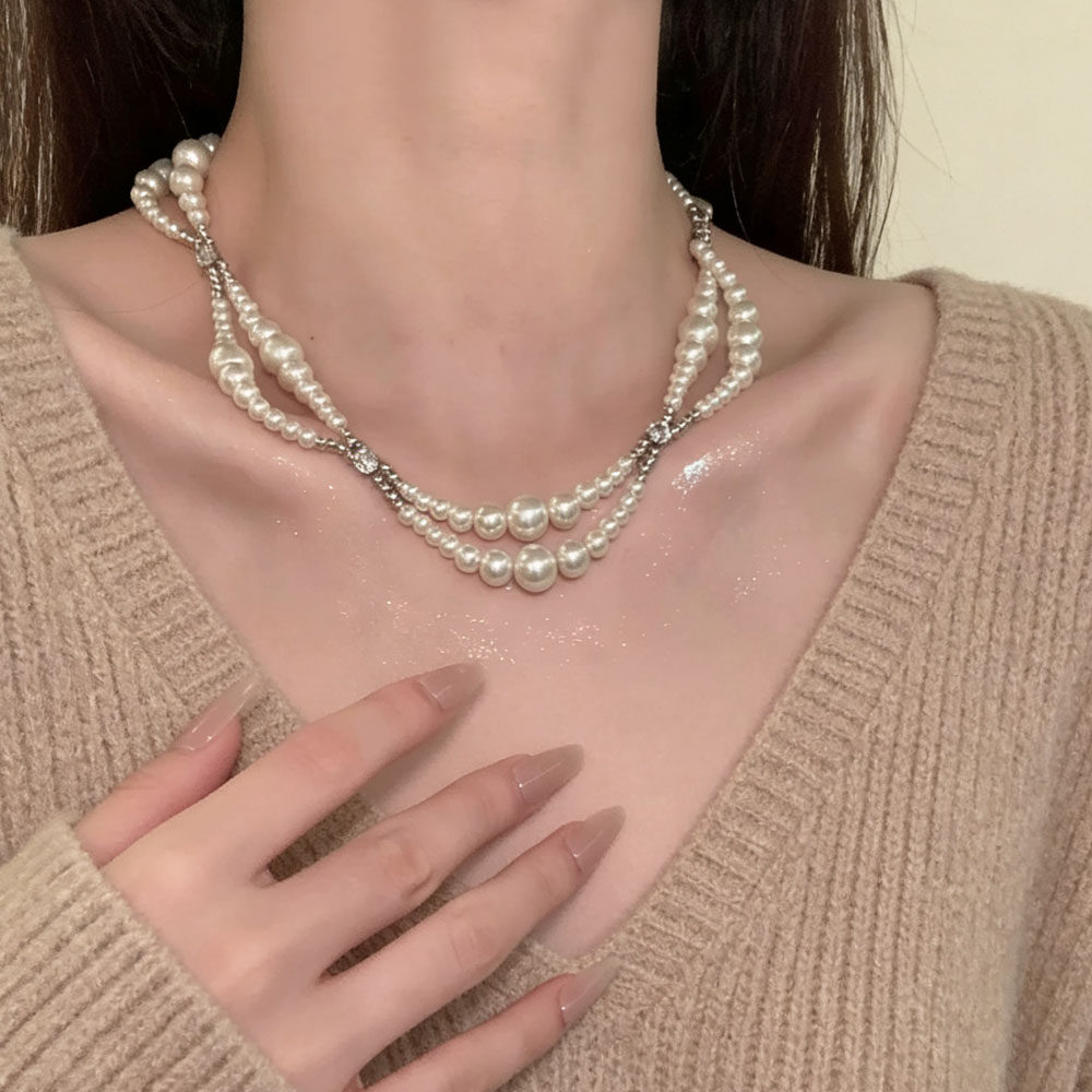 法式复古双层闪钻大小珍珠choker项链女轻奢小众气质锁骨颈链配饰
