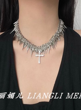 多层金属球流苏十字架项链锁骨链