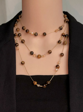 叠戴双层金棕色水晶串珠流苏项链