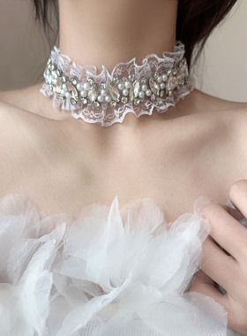 超闪水钻锆石蕾丝choker项链女
