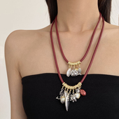 复古酒红皮绳双层风铃多元 素民族风项链女小众毛衣链中古挂脖配饰