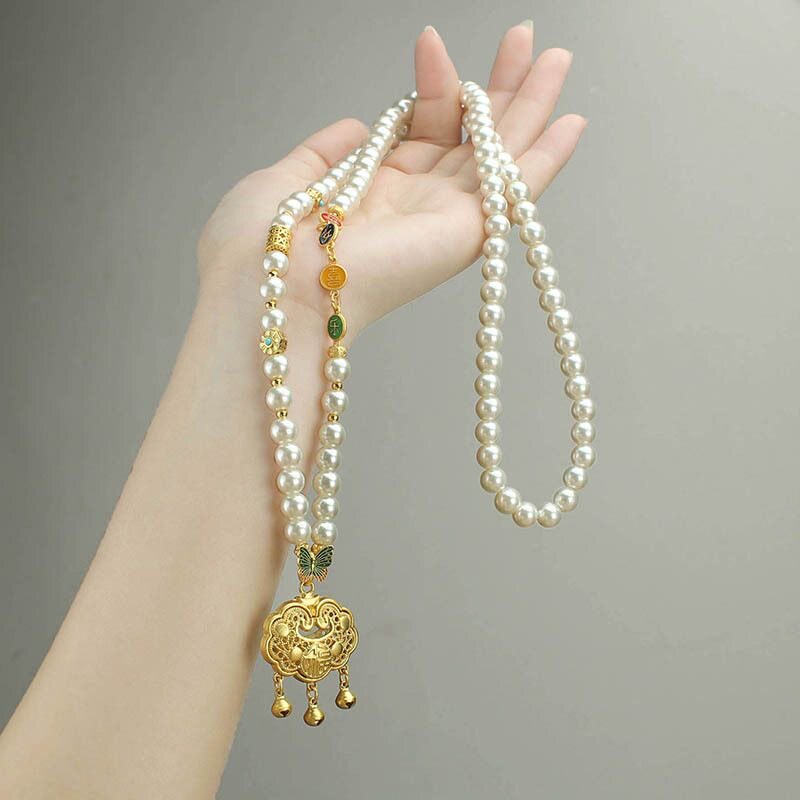 平安喜乐仿珍珠长款叠戴项链女汉服气质百搭国风连衣裙配饰复古潮