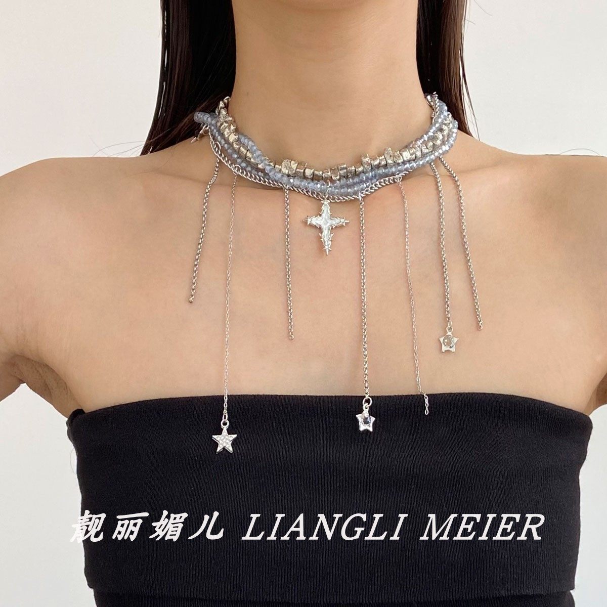 复古哥特多层十字架星星串珠项链