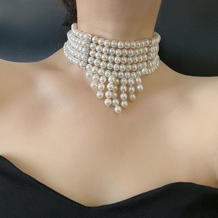 高级感夸张多层叠戴大珍珠项链女法式复古高级感流苏choker锁骨链