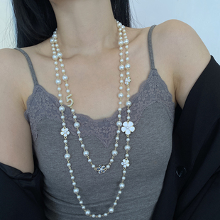 山茶花多层珍珠长款项链女新款爆款叠带气质毛衣链轻奢高级感颈链
