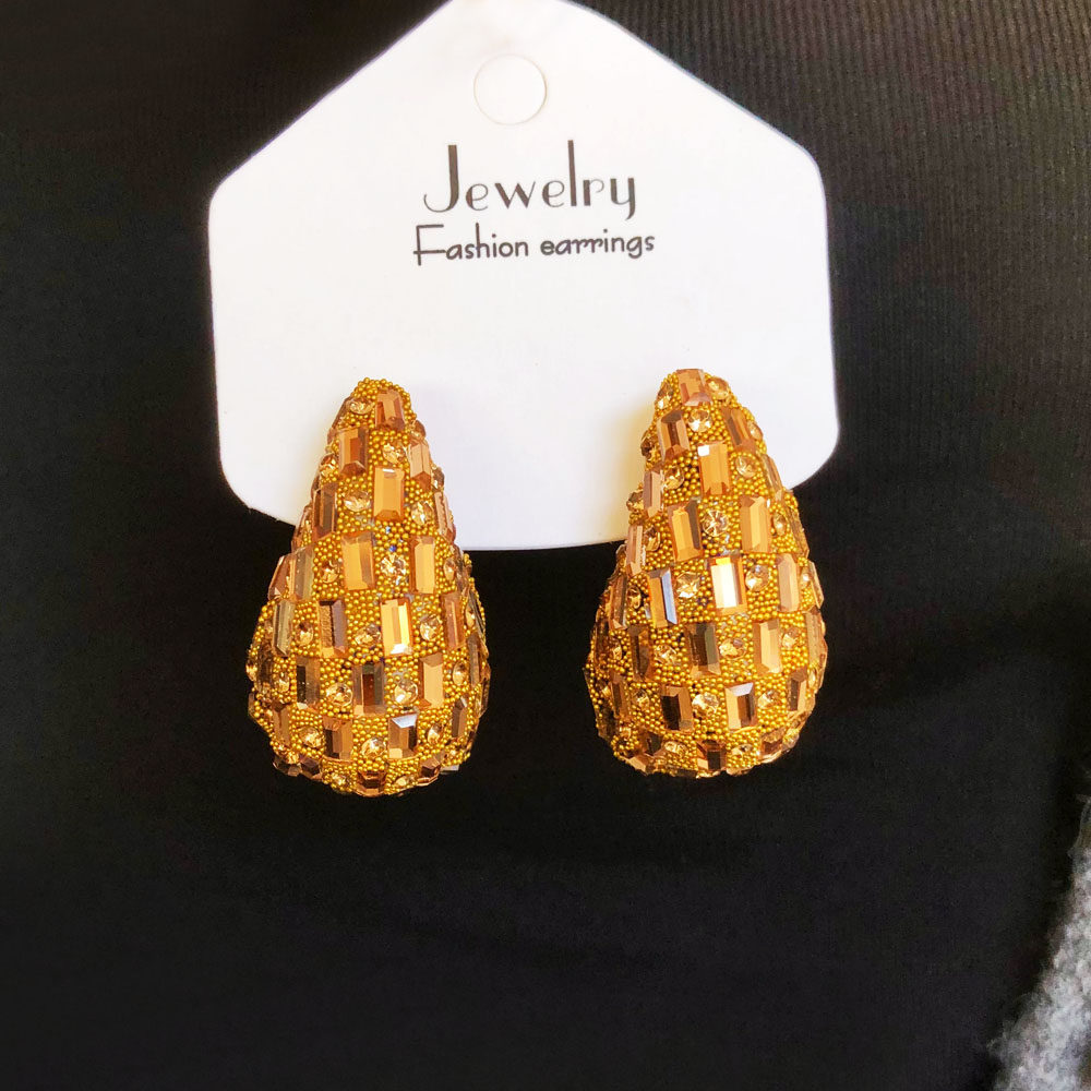 水滴渐变彩色玻璃满钻耳环耳钉女轻奢高级百搭简约夸张闪亮耳饰