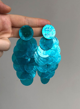 法式贝壳蓝色片片流苏耳环耳钉女夸张气质长款耳夹度假风拍照耳饰